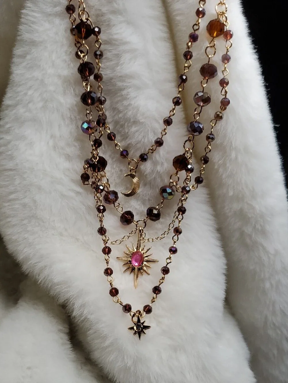 Fashion Jewelry Gold-Tone Layered Necklace with Brown Beads and Pink Star Accent